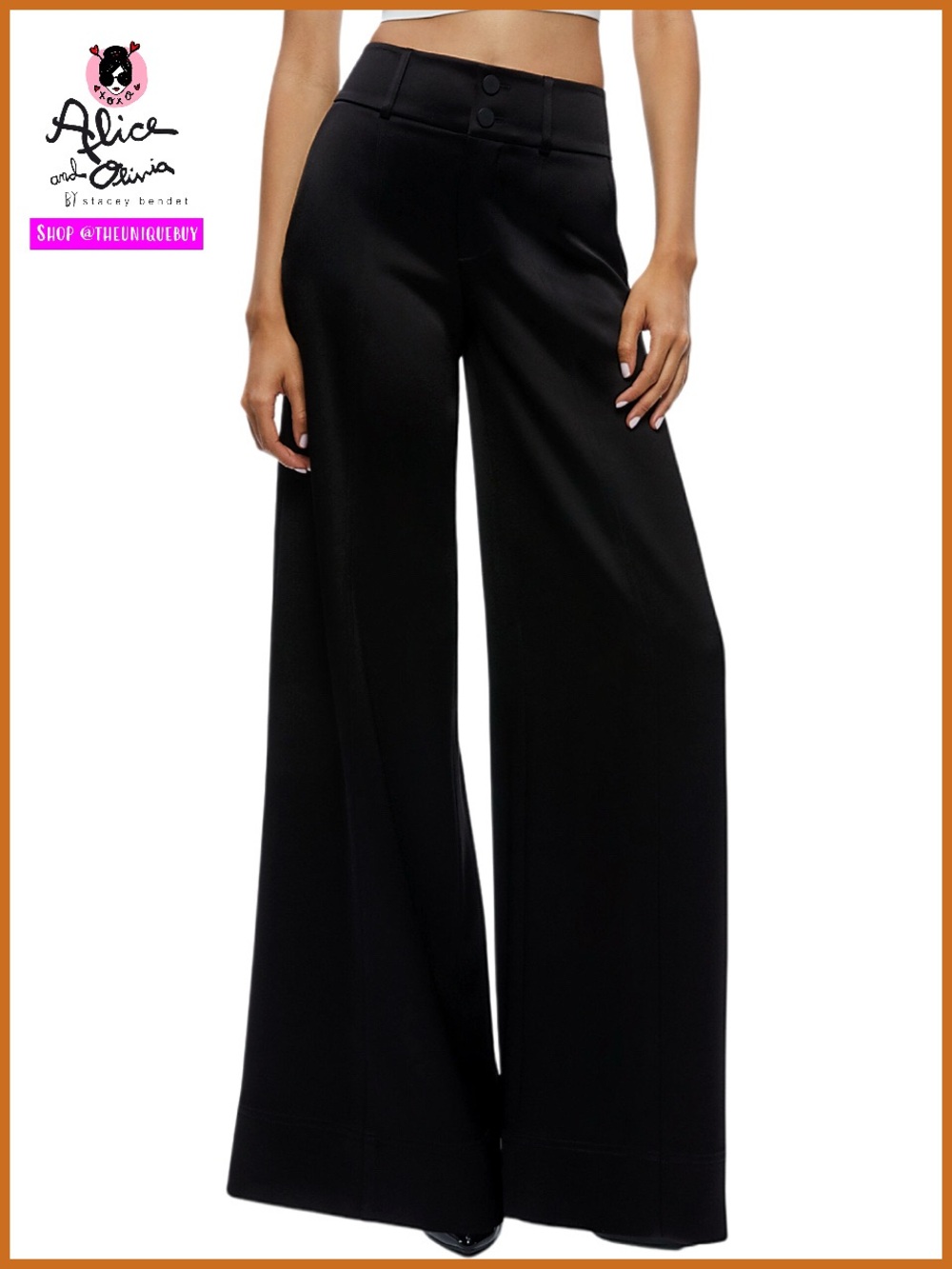 Alice + Olivia Mame High Rise Wide Leg Black Satin Pants